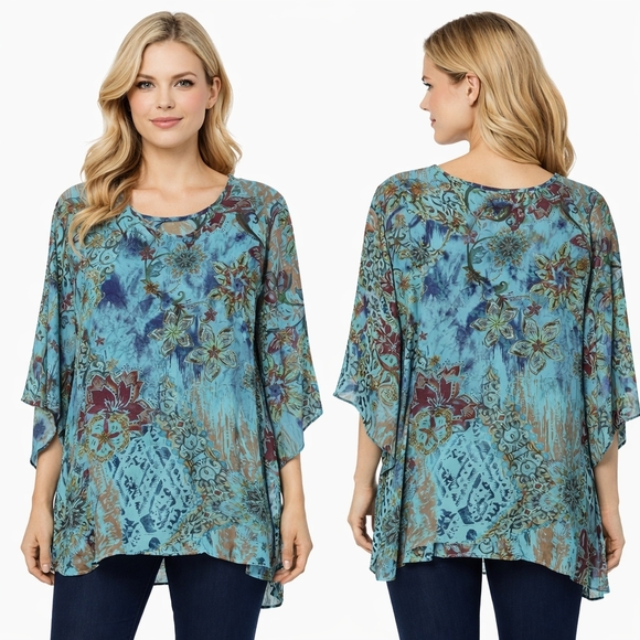 Tianello Tops - TIANELLO by STEVE BARRAZA Tunic Medium Silk Floral Asymmetrical Hem Art To Wear